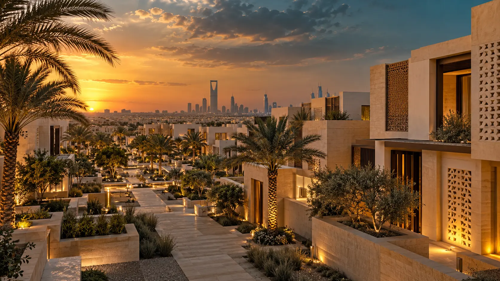 أفق عمراني وحي سكني معاصر في الرياض عند الغروب